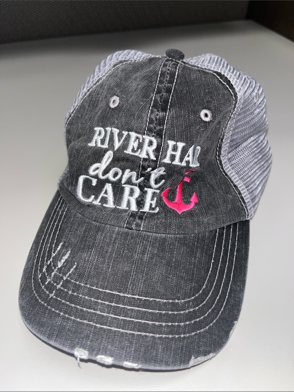 Gray Mesh Back Trucker Hat w/ River Hair Don’t Care